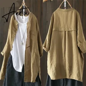 Womens Shirts  Vintage Cotton Tunic Casual Long Sleeve Shirt Button Cardigans Female Soid Patchwork Tops