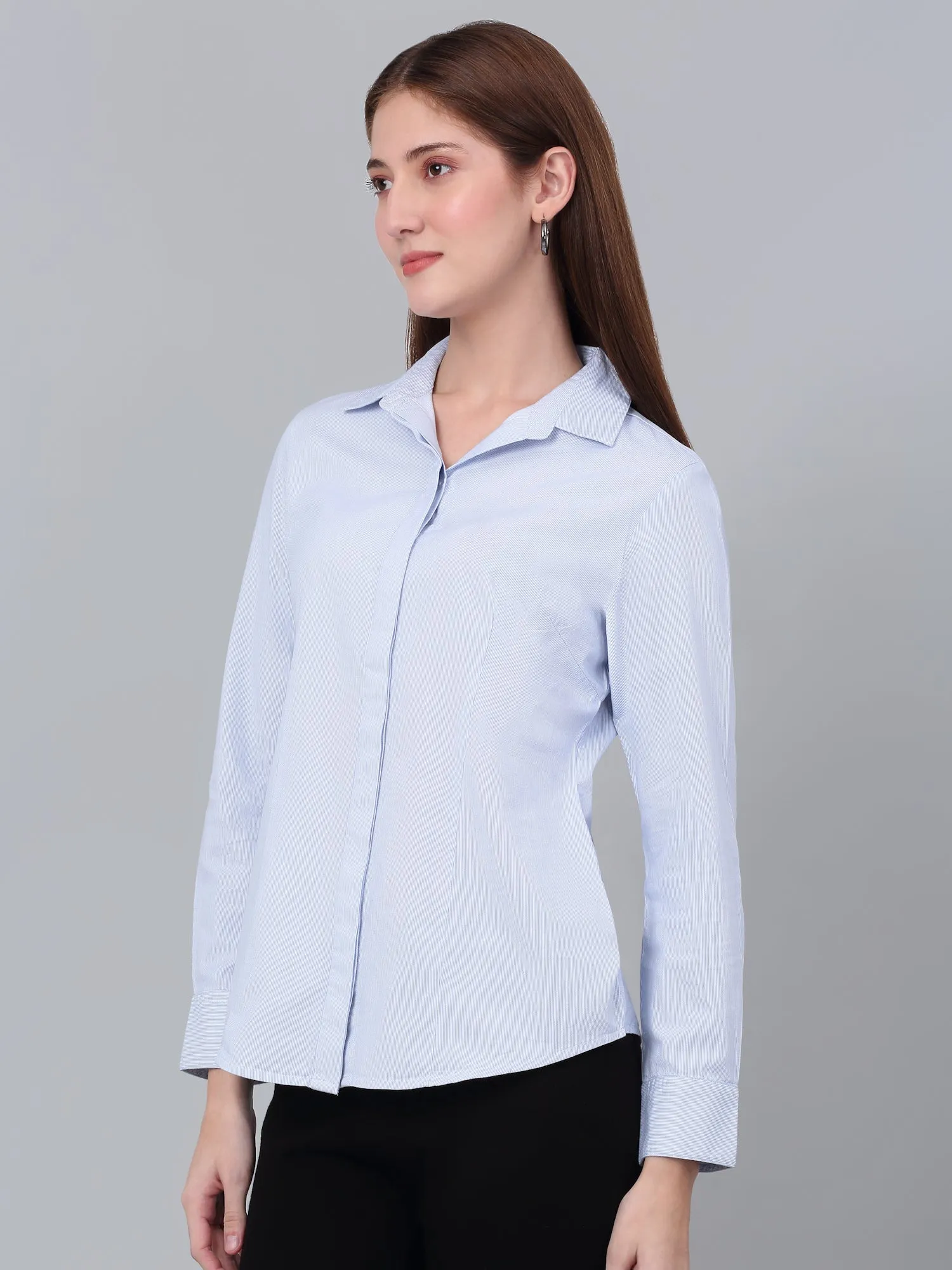 Women's Sky Blue Striped Formal Shirt