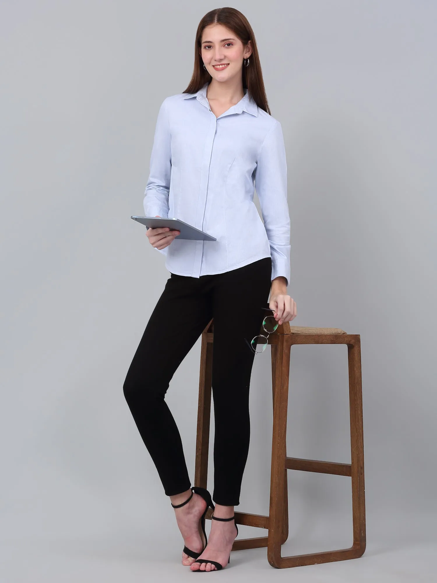 Women's Sky Blue Striped Formal Shirt