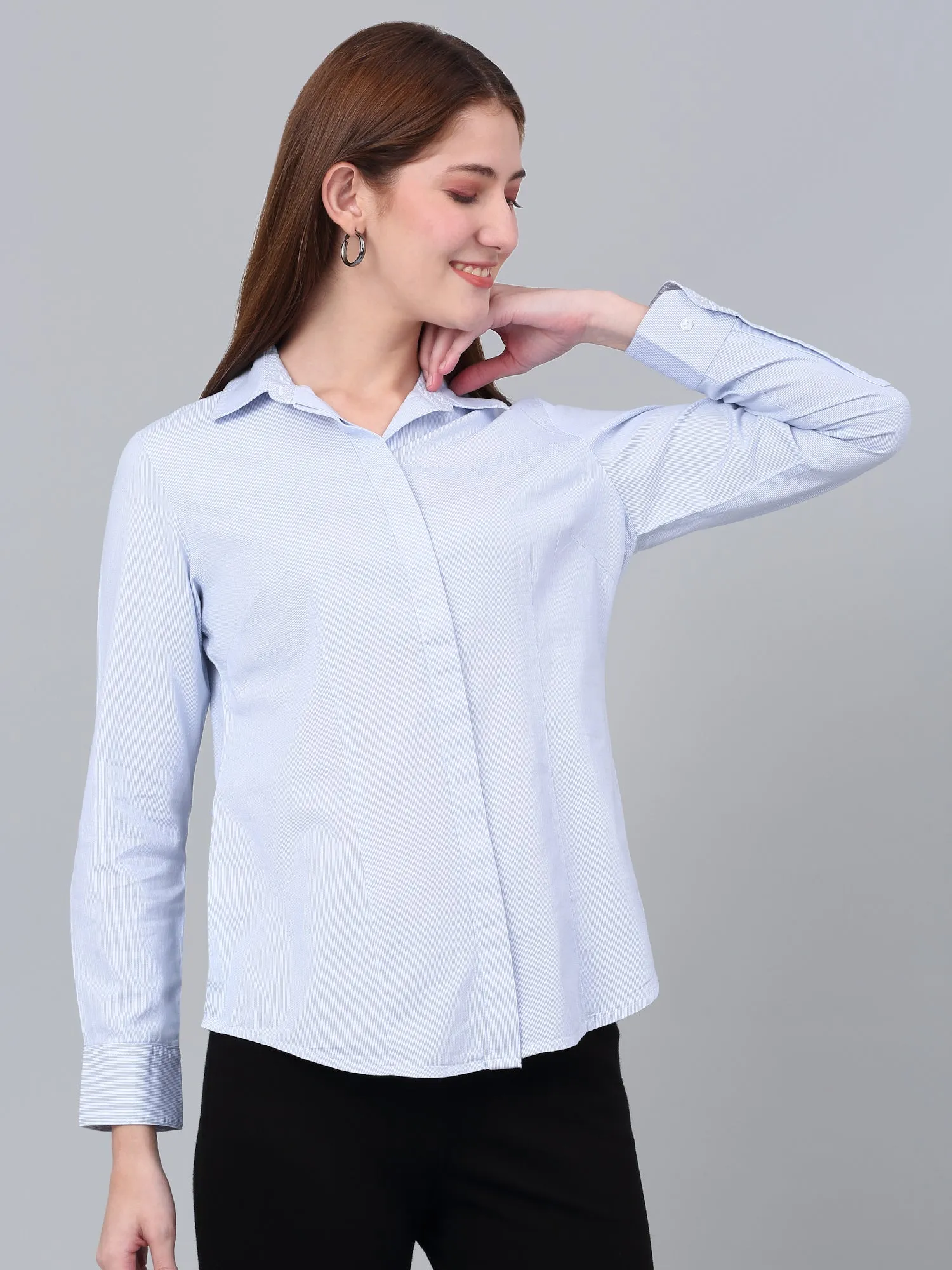 Women's Sky Blue Striped Formal Shirt