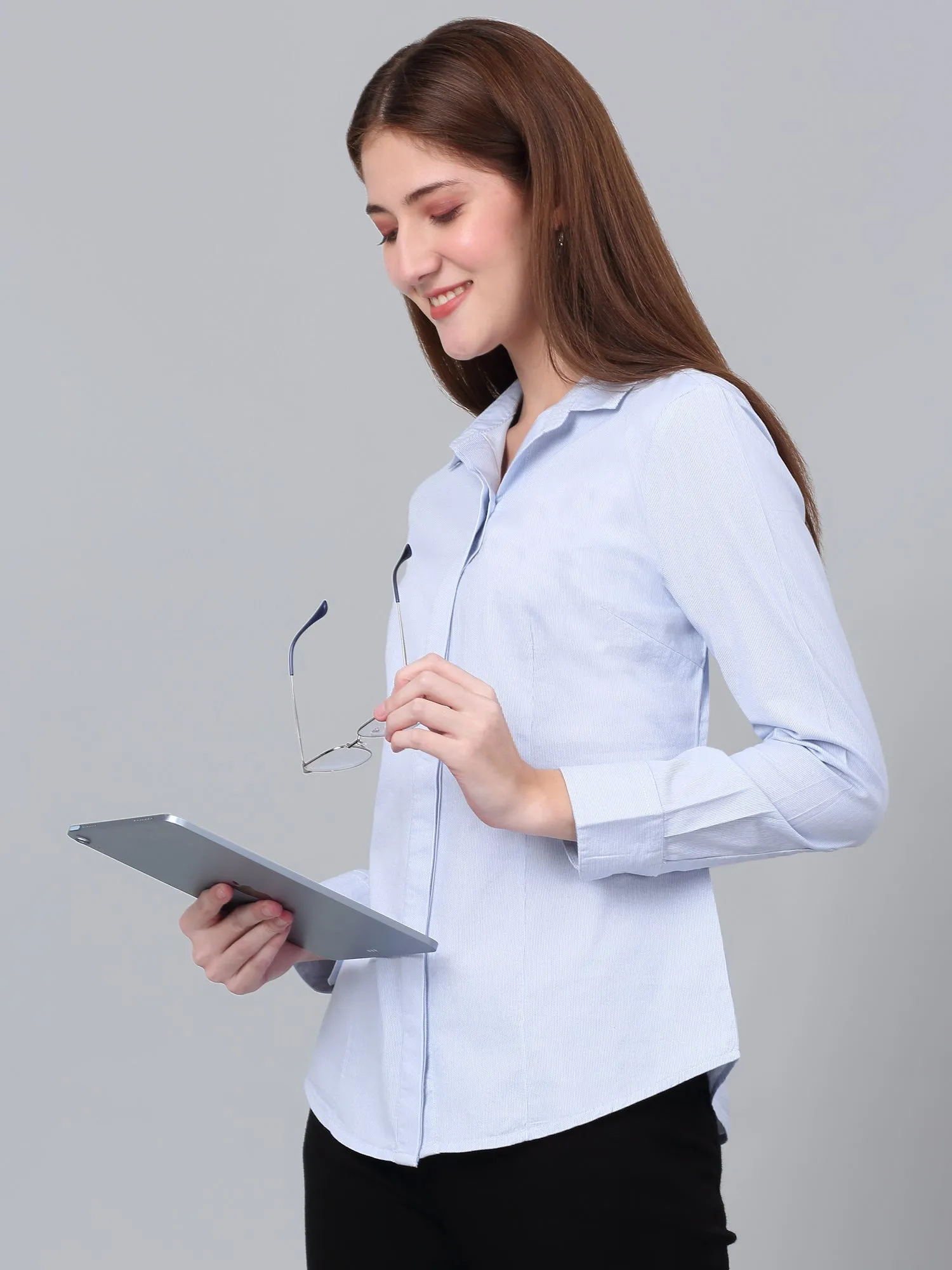 Women's Sky Blue Striped Formal Shirt