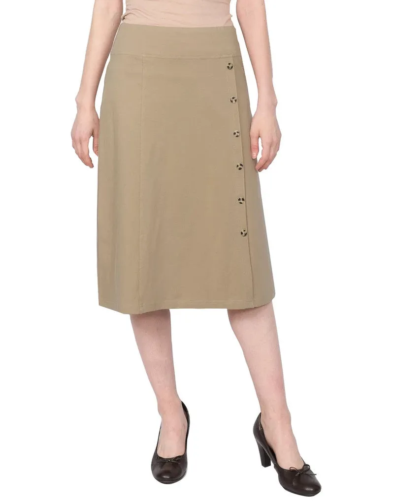 Women's Stretch Cotton Knit Faux Button Front Below the Knee A-Line Skirt