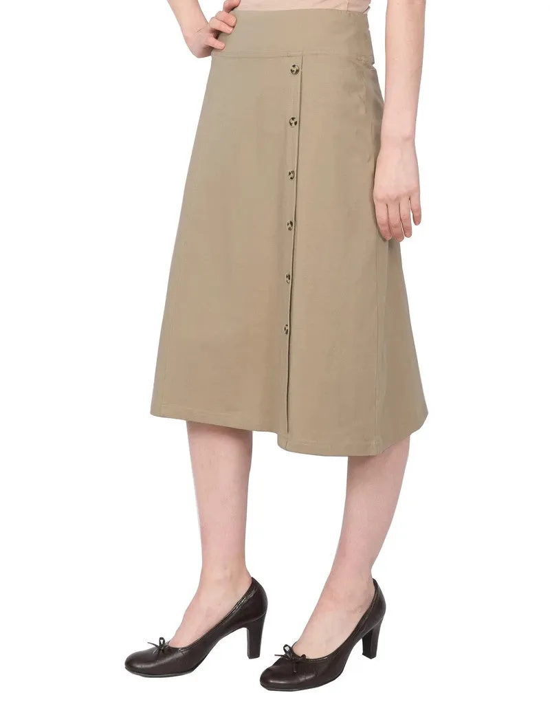 Women's Stretch Cotton Knit Faux Button Front Below the Knee A-Line Skirt