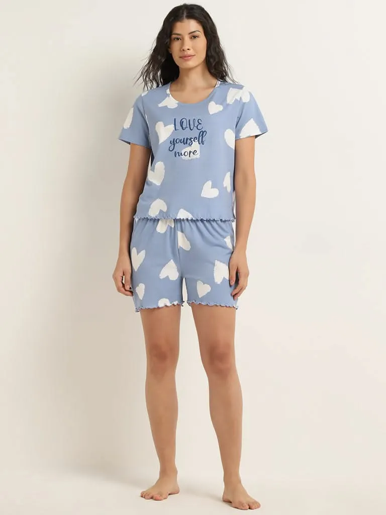 Wunderlove Dusty Blue Hearts Print Cotton Shorts Set In A Bag